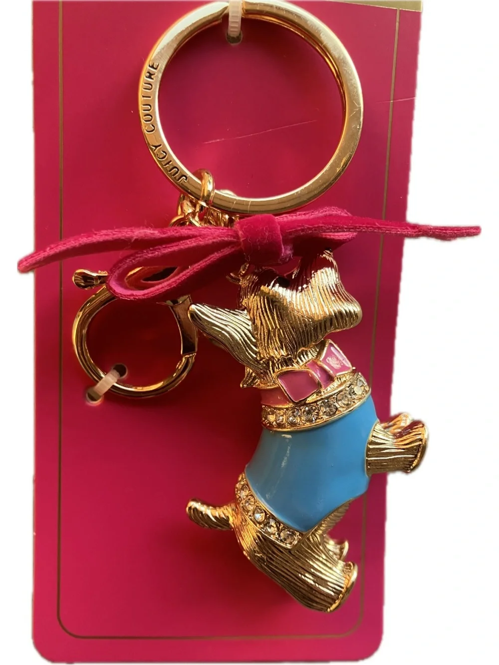 NWT Juicy Couture Crystal Scottie Dog Keychain Bag Charm Blue Pink Gold Tone
